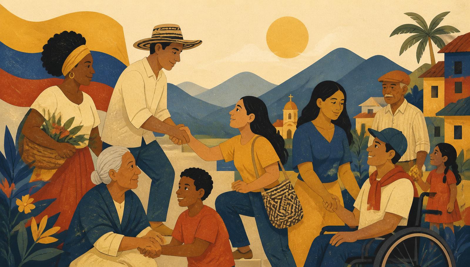 Ilustración de personas colombianas de distintas edades ayudándose y tomándose de las manos